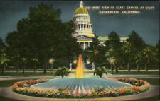 State Capitol west view at night ~ Sacramento California ~ 1940s linen postcard picture
