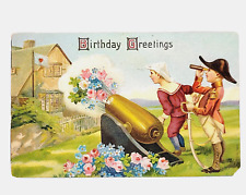 Birthday Greetings Military Kids Shoot Flowers Canon 1910s Postcard Cancel Stamp picture