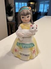 Vintage Lefton Porcelain Figurine Girl In Yellow Dress Holding Kitten October picture