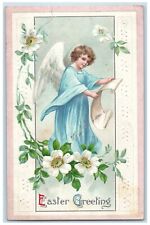 1913 Easter Greetings Cherub Angel White Flowers Embossed Antique Postcard picture