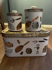 Vintage MCM Metal Bread Box Kitsch Kitchen Design PLUS Matching Canister 3pc Set picture