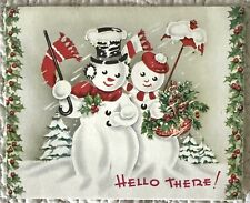 Vintage Christmas Snowman Couple Pair Umbrella Cane Greeting Card 1940s 1950s picture
