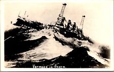 Real Photo Postcard Military Navy Ship Vermont at Sea in a Storm picture