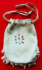 VINTAGE NATIVE AMERICAN LEATHER BEADED FRINGED POUCH ~ SIGNED & DATED 1944 picture