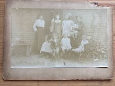 Edwardian Small Cabinet Card Photo Children & Family Outdoors w/ Pram 16x12cm picture