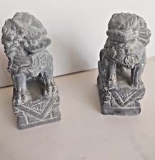 Vintage Hand Carved Foo Lions Dogs Figurines Gray Marble Stone 4