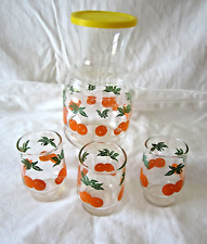 Vintage Orange Juice Carafe Decanter w/ Lid & 3 Glasses Anchor Hocking Libbey picture