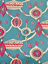 VTG CHRISTMAS WRAPPING PAPER GIFT WRAP FUCHSIA ORNAMENTS ON BLUE 1950 NOS picture