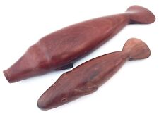Vintage 2pcs Hand Carved Iron wood 12” Whale & 7” Calf Solid Wood Figurines picture