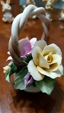 CAPODIMONTE SMALL BASKET FIGURINE PINK YELLOW ROSES Hand Made in Italy  picture
