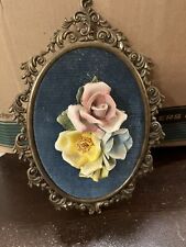 Vintage Made In Italy Raised Floral Porcelain Medallion In Frame✨Nice✨ picture