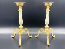 Pair Antique French Art Deco Enamelled Brass Bronze Tripod Candle Stick Holders picture