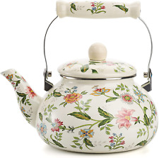 2.6 Quart Vintage Enamel Tea Kettle, Green Floral Enamel on Steel Teapot with Co picture