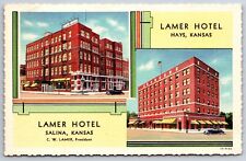 Hays Salina Kansas~Lamer Hotel Splitview~Vintage Cars~1935 Linen Postcard picture
