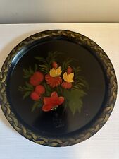 Vintage Black Red Gold  hand painted floral metal tole Platter 1960s MCM Signed picture