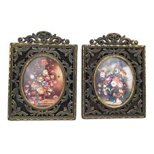 Metal Vintage Oval Frame Set Flowers Ornate Victorian Art Made in Italy 4 Inch picture