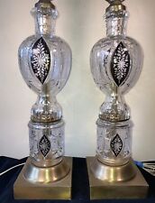 Pair Vintage Bohemian Cut Clear Crystal Table Lamps W Ruby Panels CZECH picture