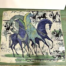 NOS MCM Tibor Reich Fabric Etruscan Horses Linen Barkcloth Blue Green 21x25 picture