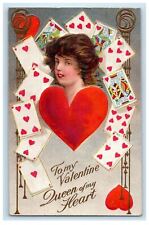 1910 Valentine Girl Playing Cards Queen Of My Heart Embossed Antique Postcard picture
