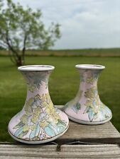 Vintage Pink With Flowers  Candlestick Holders Porcelain Macau 2/pair. Beautiful picture