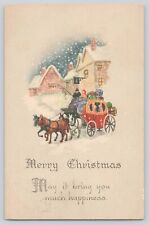 Postcard Christmas Stagecoach Horses Snow Winter Scene Village Vintage 1924 picture