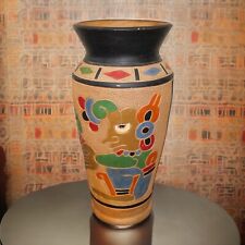 Vintage 1960's Guatemalan Mid Century Modern Clay Aztec Motifs Baluster Vase picture
