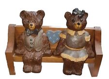 VTG Clay Bear Figures Bench Couple Signed Harris Sweetheart Wooden Seat Folk Art picture