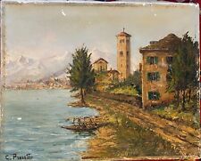 Antique Expressionism Italian Oil painting 'Village by The Lake As-Is Condition. picture
