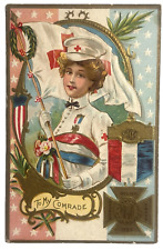GAR Postcard Patriotic Womens Relief Corp Medal To My Comrade Red Cross Flag picture