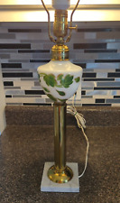 Vintage Milk Glass Table Lamp Hand Painted Gold Green Leaves Marble Base picture