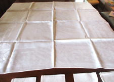 Vintage ecru linen table cloth w/ rose imprnt pattern/4 napkins 46