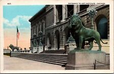 Chicago Art Institute Entrance Lion Sculptures Flag White Border Postcard UNP picture