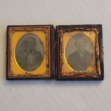 Pair 2 Antique Tintypes Photographs Portraits Leather Case Ornate Frame 1800's picture