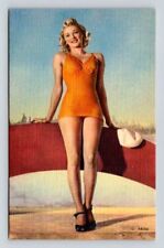 Vintage Bathing Beauty Pinup Girl, Swimsuit - Linen Postcard picture