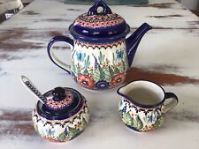 Polish Pottery UNIKAT 6 Pc Tea/ Coffee Pot Cramer Sugar Spoon Lids Set Floral  picture