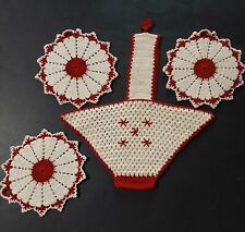 Vintage Crocheted Hot Pad Decorative Set Red White Basket 10 x 12  Rounds 6