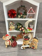 Vintage Flocked Felt Christmas Ornament Craft Lot Mouse Baby Bear Bird Woodland picture