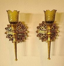 Pair VTG 1964 Gold Syroco Wall Sconce Orig Cut Glass Amber Votives 11.5