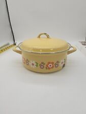 Vintage Retro 10 in Enamelware Cooking Pot W/ Lid  Floral 70’s Yellow Movie Prop picture