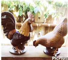 Large Wood Statues Rooster and Hen - Set Of 2 Chickens Rustic Figurines PRETTY picture