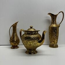 Elynor China Weeping Gold 22kt Teapot and Two Vases MCM 1960s Set picture