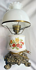 Vtg. Hand Painted Rose Floral Milk Glass GWTW Hurricane Lamp WORKS 3-way Switch picture