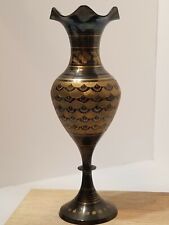 BEAUTIFUL VINTAGE EGYPTIAN ANTIQUE BRONZE STEMMED VASE 11.5 INCH GOLD ETCHING picture