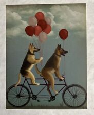 GERMAN SHEPHERD DOGS RIDING BICYCLE BALLOONS ART POSTCARD PRINT 4 1/4