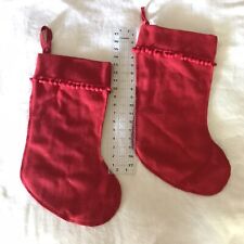 2 Vintage Red Felt Stockings Merry Christmas Jingle Bells Santa Ball Fringe New picture