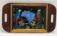 VTG. Brasil Parrots Lacquered WOOD TRAY Decor Butterfly Wings Inlay Iridescent picture