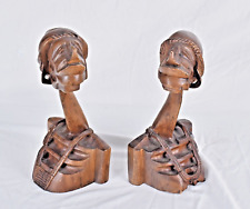 Pair of Hand Carved African Wood Figurines Busts Man Woman Intricate Bookends picture