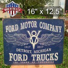 Ford Motor Company Tin Metal Sign 100 Years Trucks Vintage Winged Logo Garage picture
