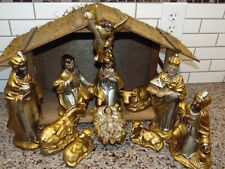 Vtg NATIVITY SET Gold Finish Made in Japan Creche & 11 Figures,  1950's Large picture