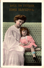 Love to Father from Blackpool Pretty Woman & Daughter Hand-Tinted 1911 Postcard picture